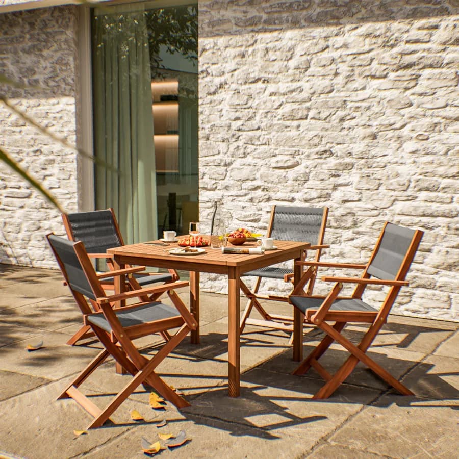 Set pranzo tavolo 80x80 cm e 4 sedie pieghevoli con braccioli in legno di acacia e corda grigia - Yadira