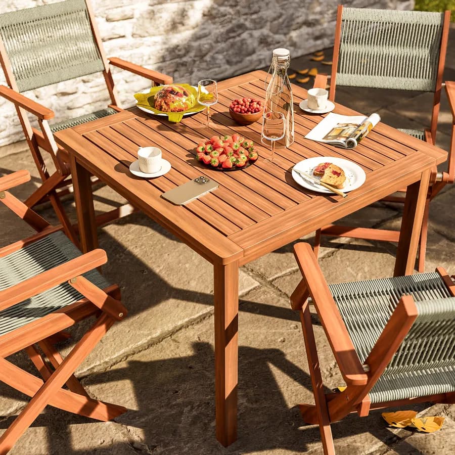 Set pranzo tavolo 80x80 cm e 4 sedie pieghevoli con braccioli in legno di acacia e corda tortora - Yadira