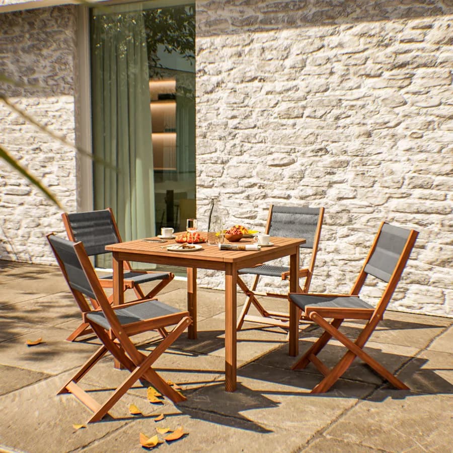 Set pranzo tavolo 80x80 cm e 4 sedie pieghevoli in legno di acacia e corda grigia - Yadira