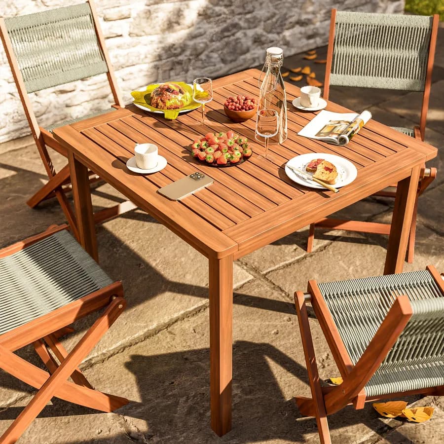 Set pranzo tavolo 80x80 cm e 4 sedie pieghevoli in legno di acacia e corda tortora - Yadira