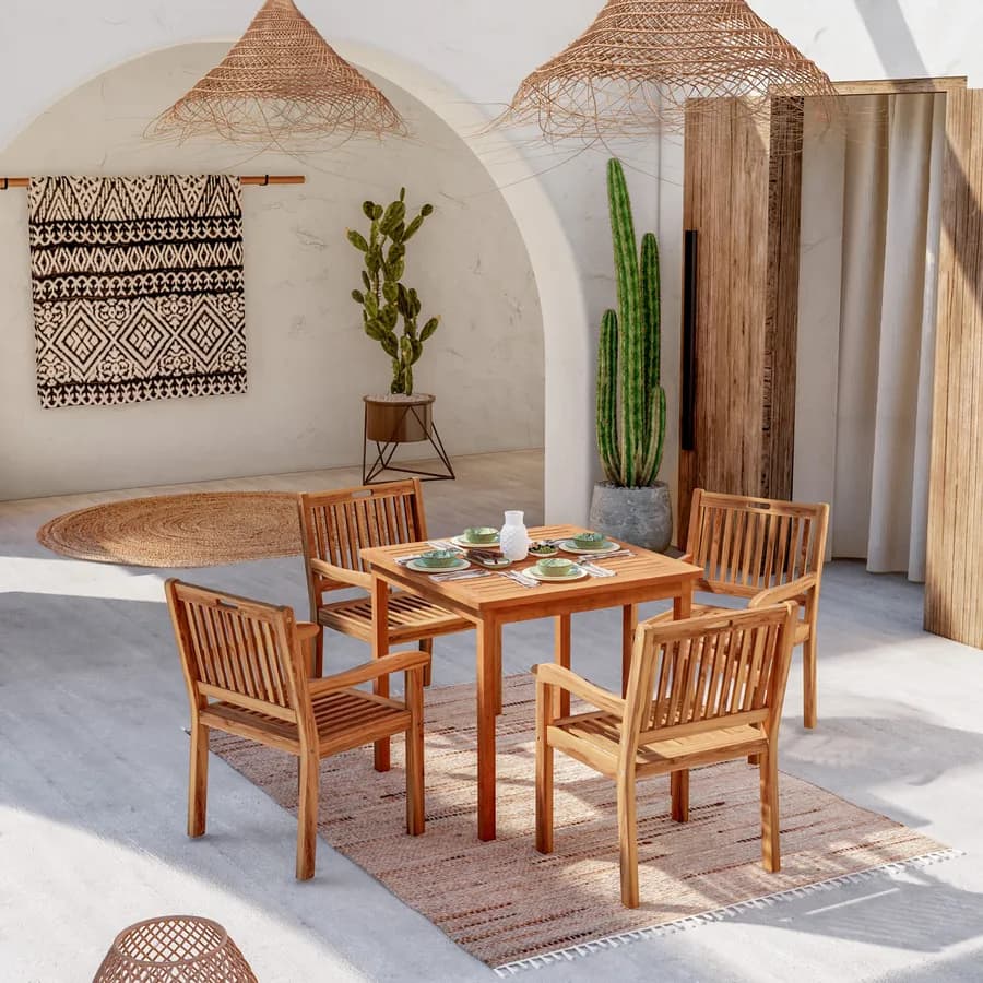 Set pranzo tavolo 80x80 cm e 4 sedie con braccioli in legno di acacia - Paja