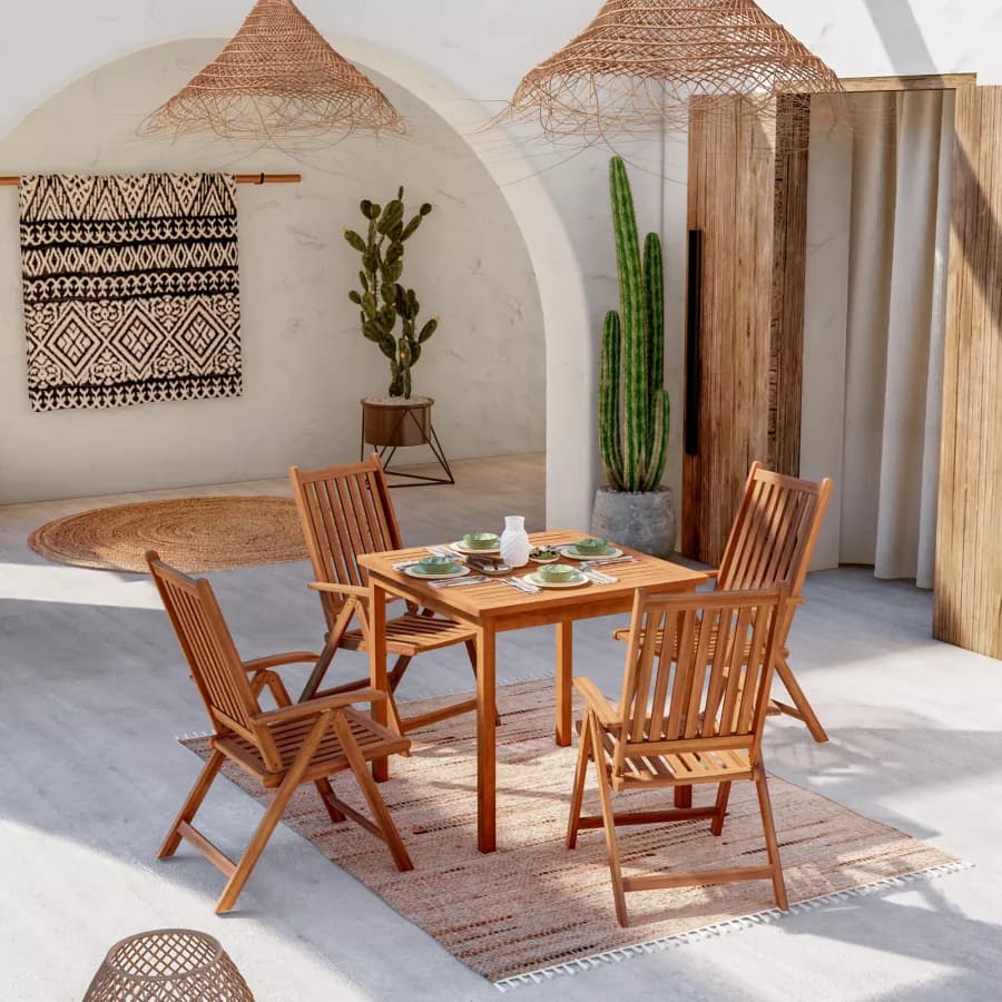 Set pranzo tavolo 80x80 cm e 4 sedie con braccioli regolabili in legno di acacia - Paja