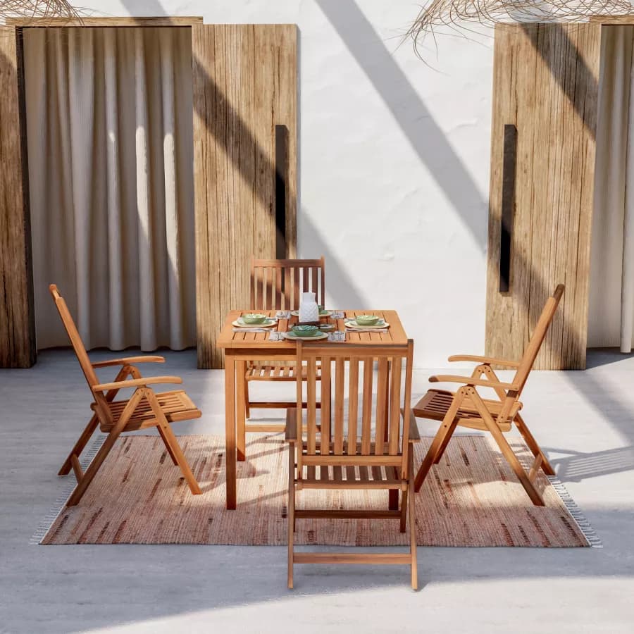 Set pranzo tavolo 80x80 cm e 4 sedie con braccioli regolabili in legno di acacia - Paja