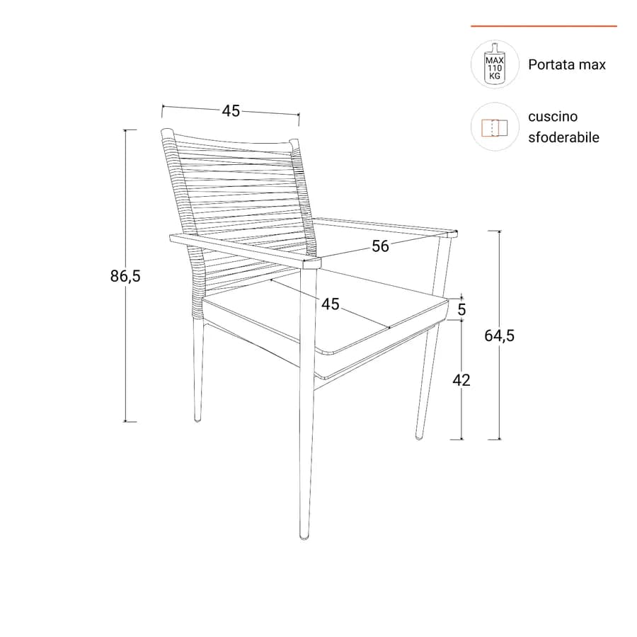 Set pranzo tavolo 90x90 cm e 4 sedie con braccioli in acciaio e corda ecrù - Rodriguez