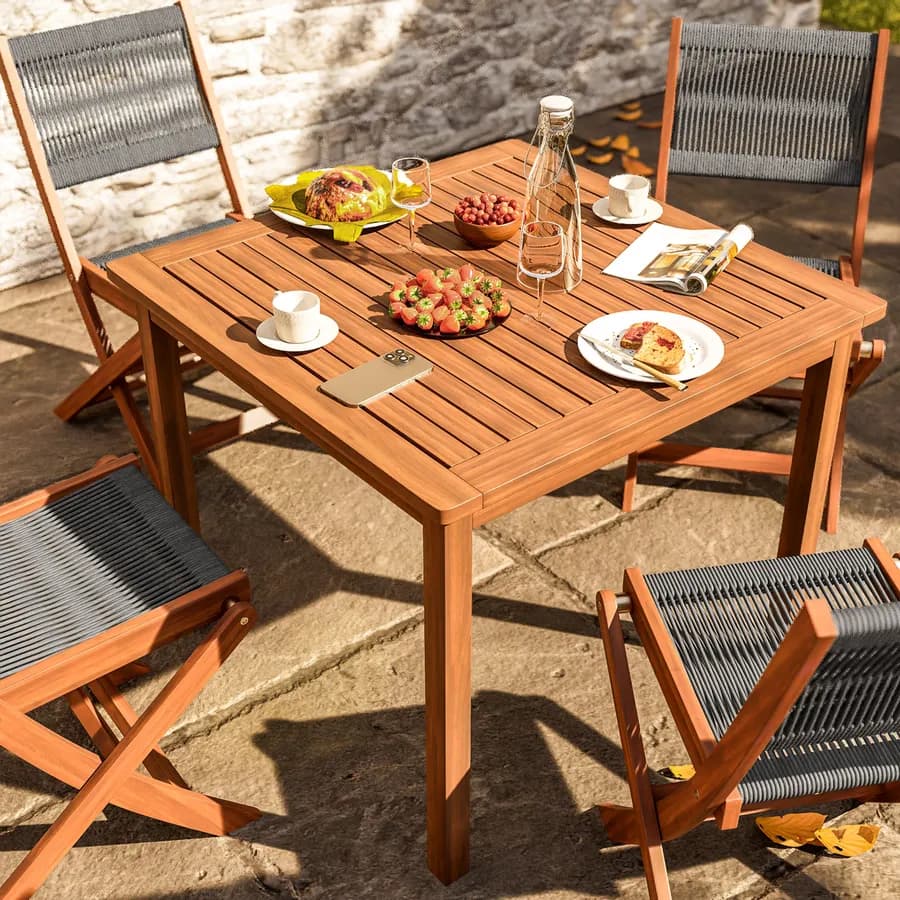 Set pranzo tavolo 90x90 cm e 4 sedie pieghevoli in legno di acacia e corda grigia - Yadira