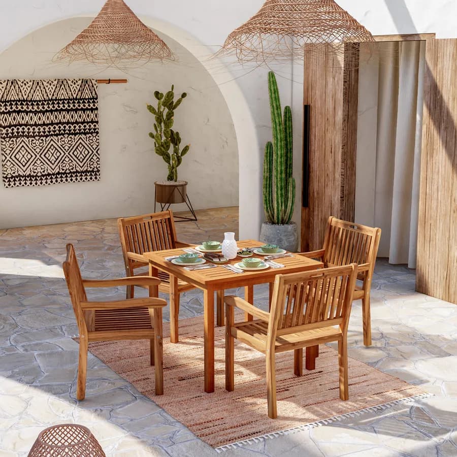 Set pranzo tavolo 90x90 cm e 4 sedie con braccioli in legno di acacia – Paja