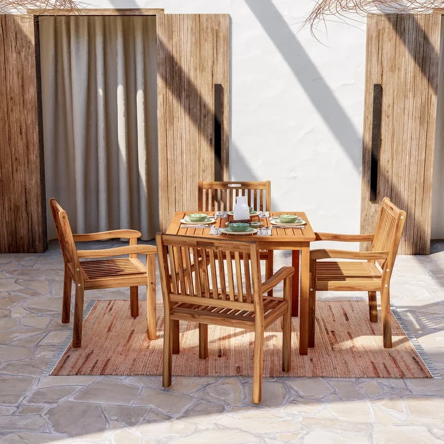 Set pranzo tavolo 90x90 cm e 4 sedie con braccioli in legno di acacia – Paja