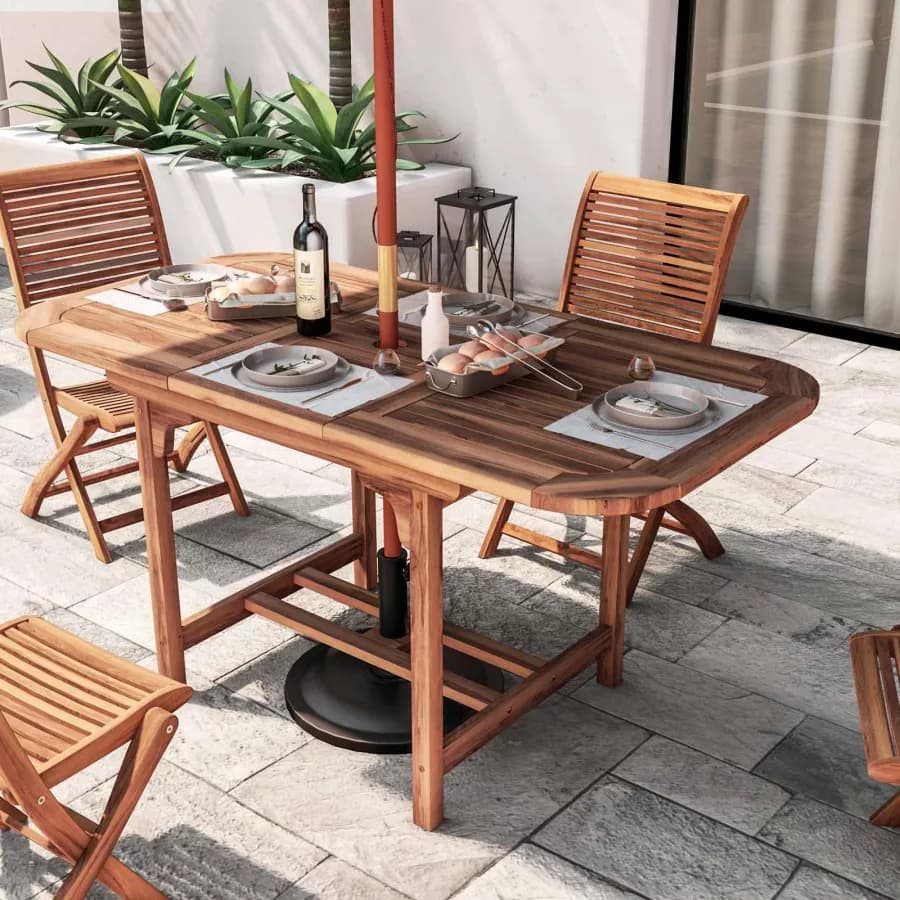 Set pranzo tavolo allungabile 120/160x80 cm e 4 sedie pieghevoli in legno di acacia - Paja