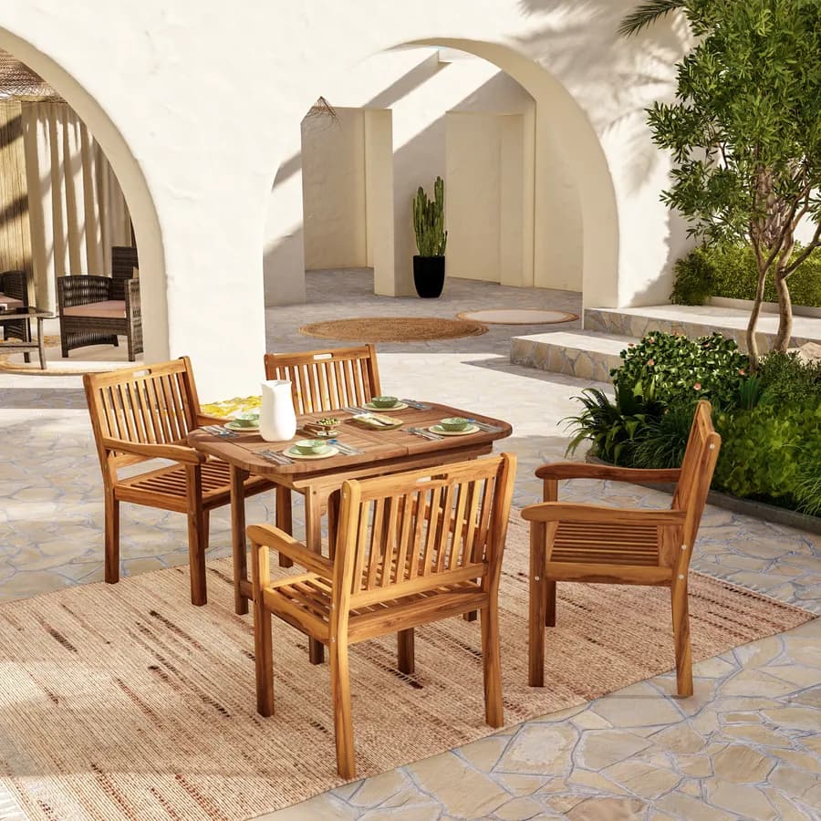 Set pranzo tavolo allungabile 120/160x80 cm e 4 sedie con braccioli in legno di acacia - Paja