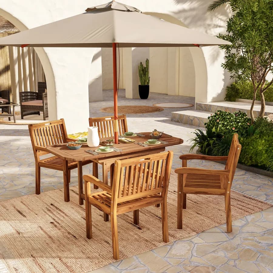 Set pranzo tavolo allungabile 120/160x80 cm e 4 sedie con braccioli in legno di acacia - Paja