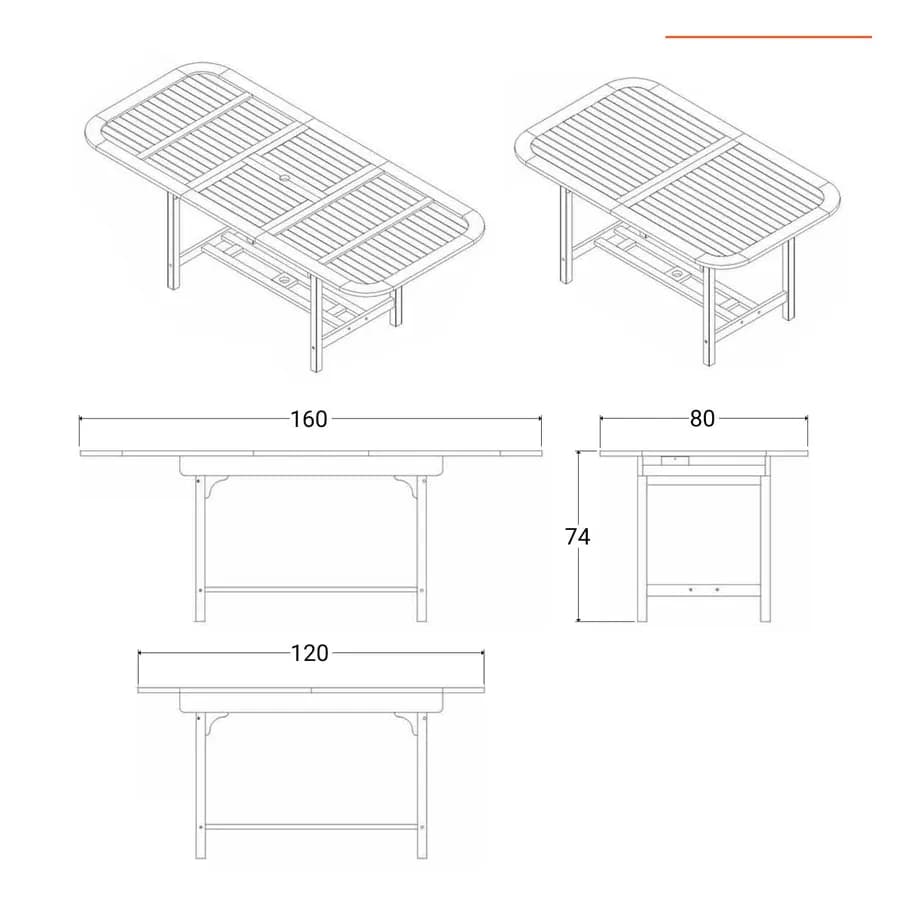 Set pranzo tavolo allungabile 120/160x80 cm e 4 sedie con braccioli in legno di acacia - Paja