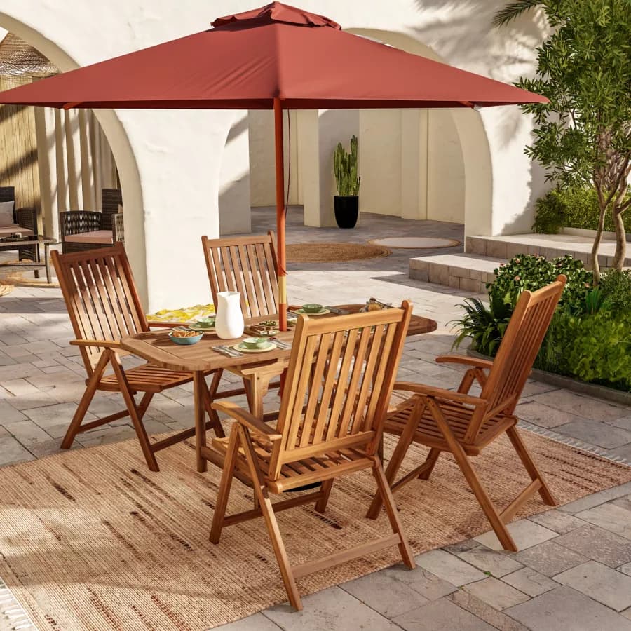 Set pranzo tavolo allungabile 120/160x80 cm e 4 sedie con braccioli regolabili in legno di acacia - Paja