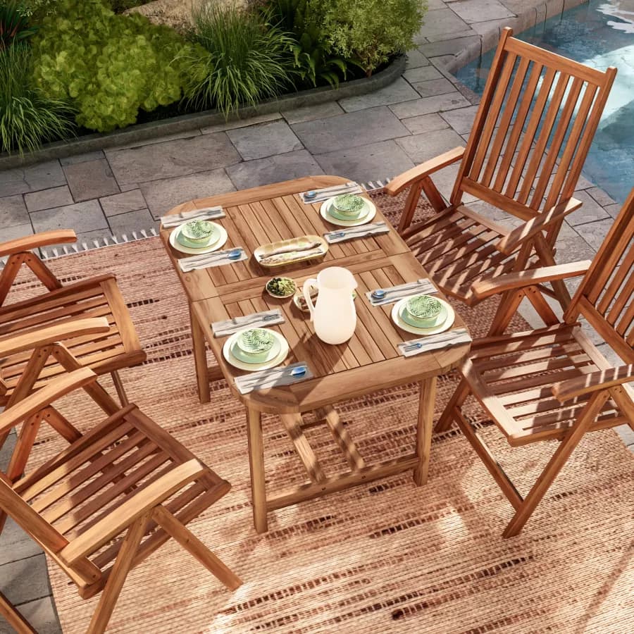 Set pranzo tavolo allungabile 120/160x80 cm e 4 sedie con braccioli regolabili in legno di acacia - Paja