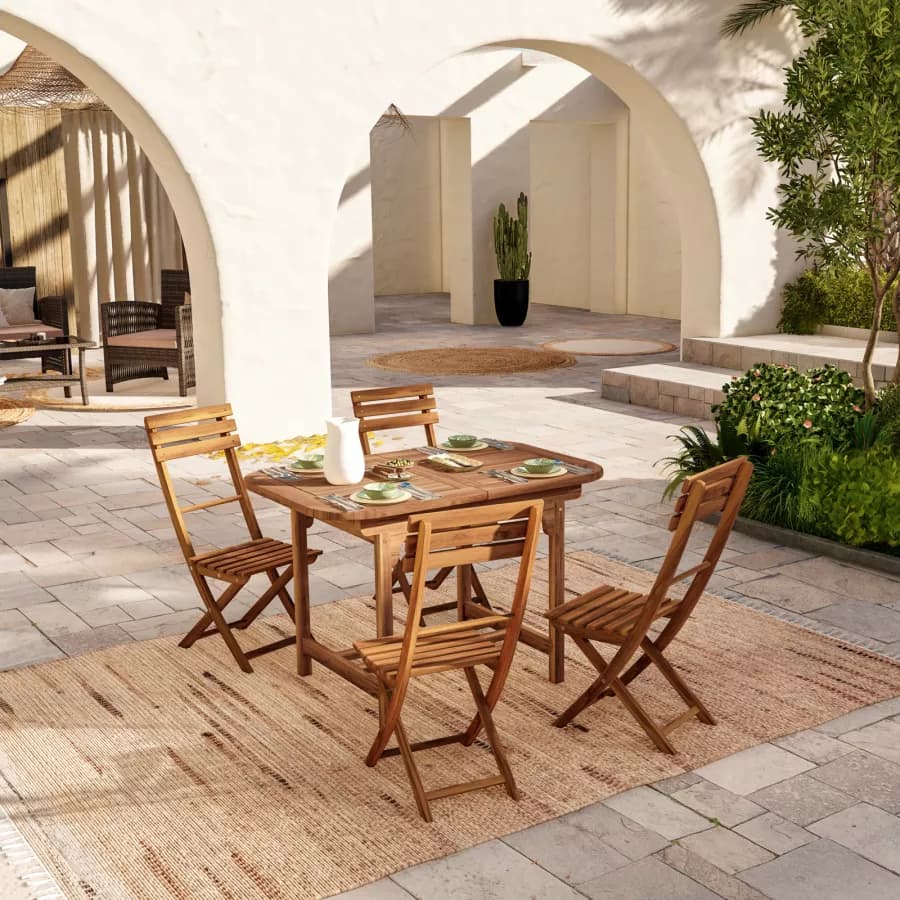 Set pranzo tavolo allungabile 120/160x80 cm con 4 sedie pieghevoli in legno di acacia - Paja