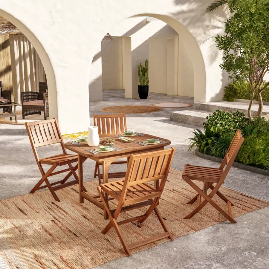 Set pranzo tavolo allungabile 120/160x80 cm e 4 sedie pieghevoli in legno d'acacia - Paja