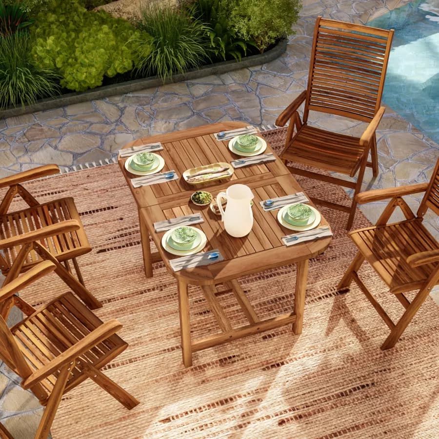 Set pranzo tavolo allungabile 120/160x80 cm e 4 sedie regolabili in legno di acacia - Paja