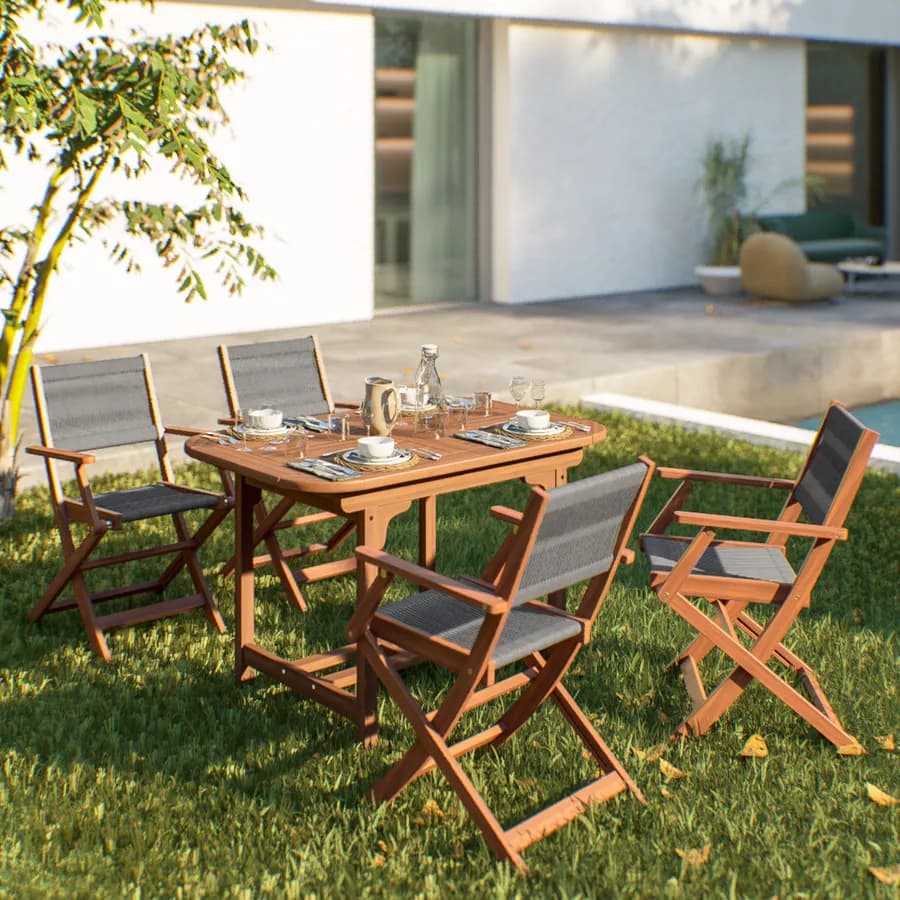 Set pranzo tavolo allungabile 120/160x80 cm e 4 sedie pieghevoli con braccioli in legno di acacia e corda grigia - Yadira