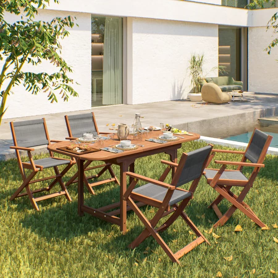 Set pranzo tavolo allungabile 120/160x80 cm e 4 sedie pieghevoli con braccioli in legno di acacia e corda grigia - Yadira