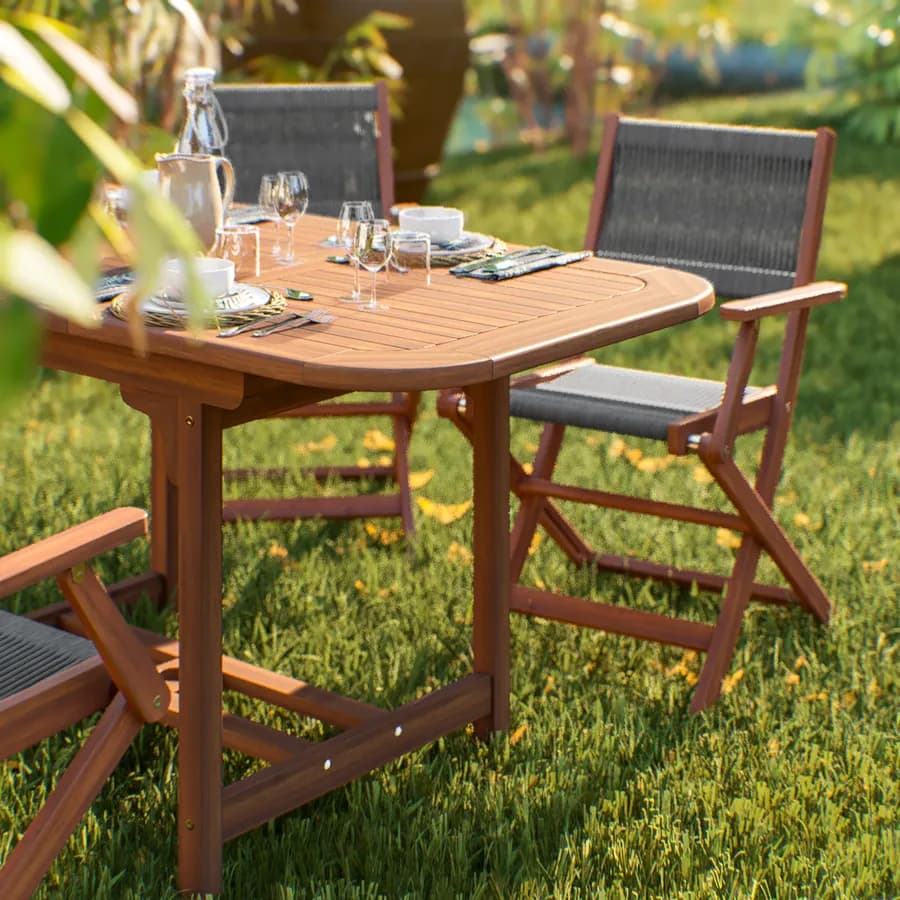 Set pranzo tavolo allungabile 120/160x80 cm e 4 sedie pieghevoli con braccioli in legno di acacia e corda grigia - Yadira