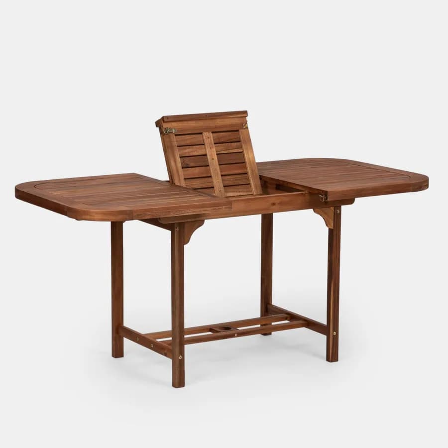 Set pranzo tavolo allungabile 120/160x80 cm e 4 sedie pieghevoli con braccioli in legno di acacia e corda grigia - Yadira