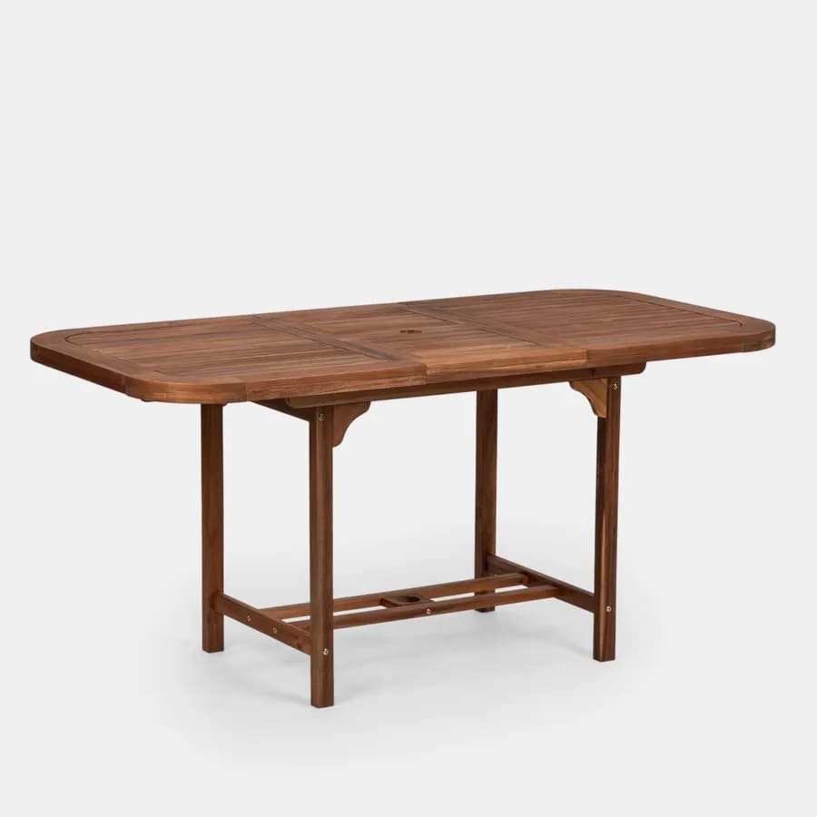 Set pranzo tavolo allungabile 120/160x80 cm e 4 sedie pieghevoli con braccioli in legno di acacia e corda tortora - Yadira