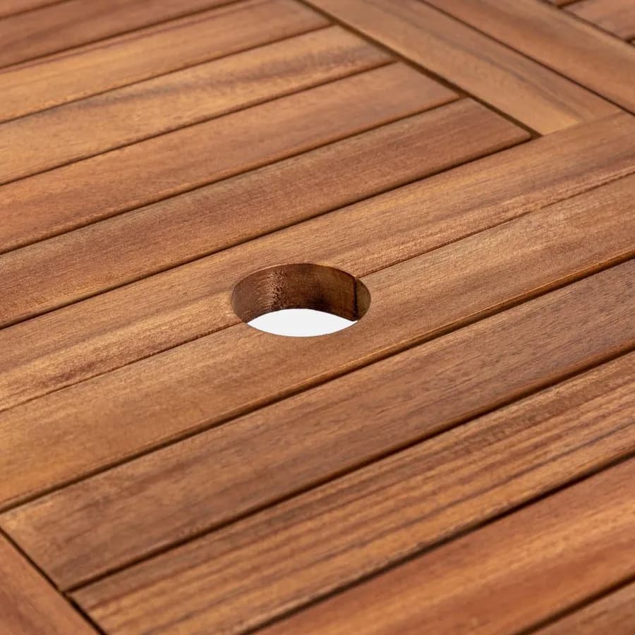 Set pranzo tavolo allungabile 120/160x80 cm e 4 sedie pieghevoli con braccioli in legno di acacia e corda tortora - Yadira