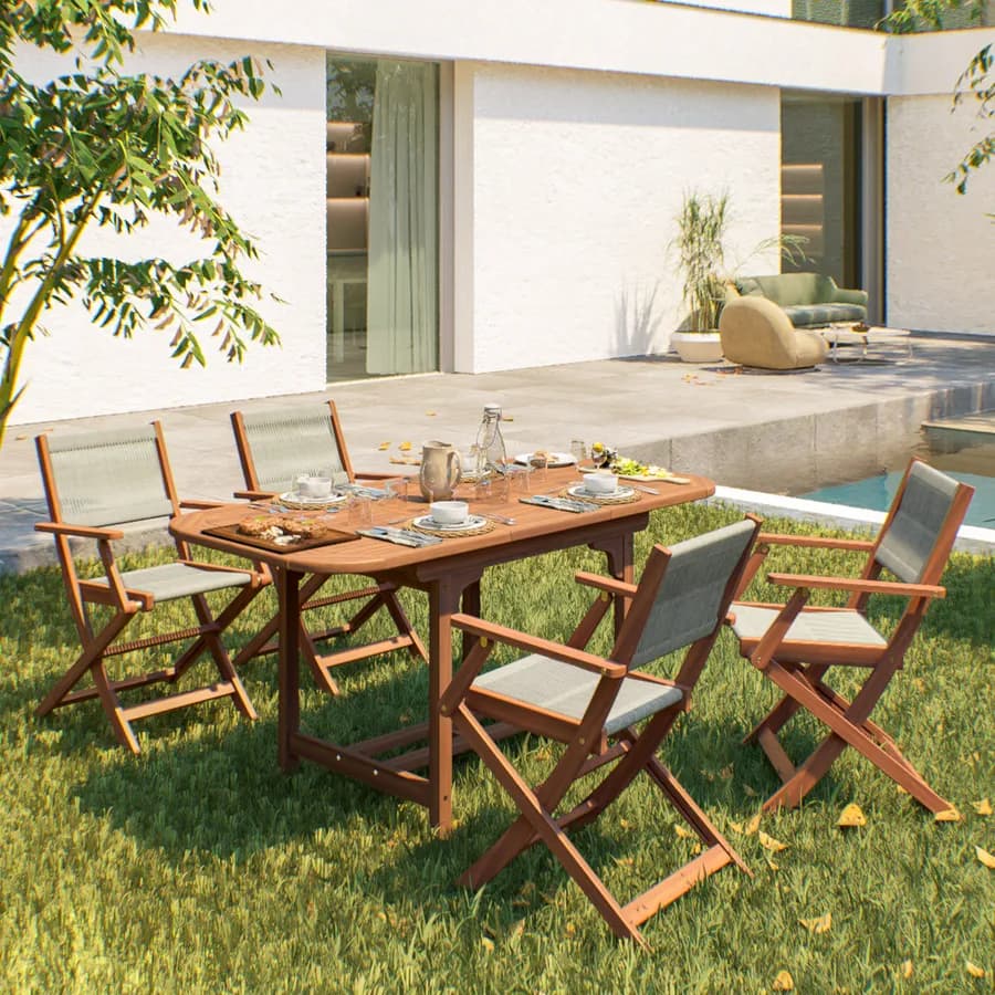 Set pranzo tavolo allungabile 120/160x80 cm e 4 sedie pieghevoli con braccioli in legno di acacia e corda tortora - Yadira