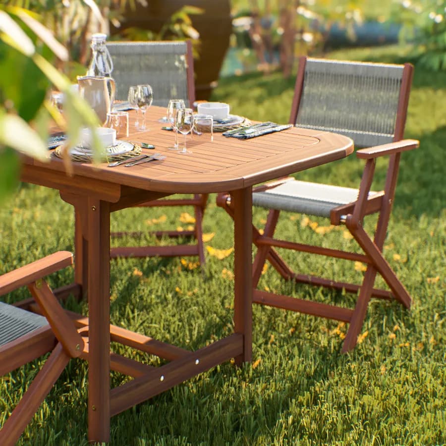 Set pranzo tavolo allungabile 120/160x80 cm e 4 sedie pieghevoli con braccioli in legno di acacia e corda tortora - Yadira