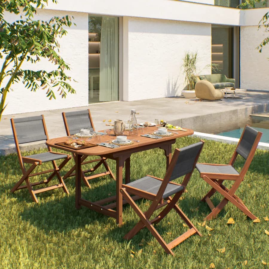 Set pranzo tavolo allungabile 120/160x80 cm e 4 sedie pieghevoli in legno di acacia e corda grigia - Yadira