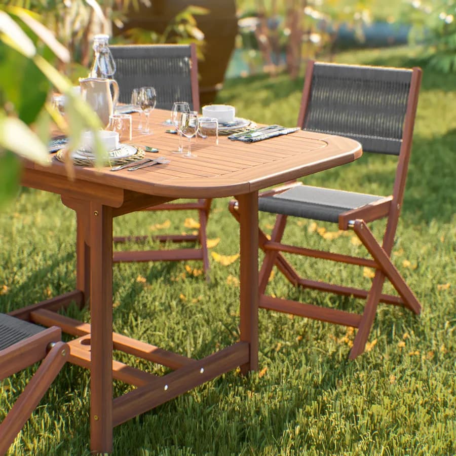 Set pranzo tavolo allungabile 120/160x80 cm e 4 sedie pieghevoli in legno di acacia e corda grigia - Yadira