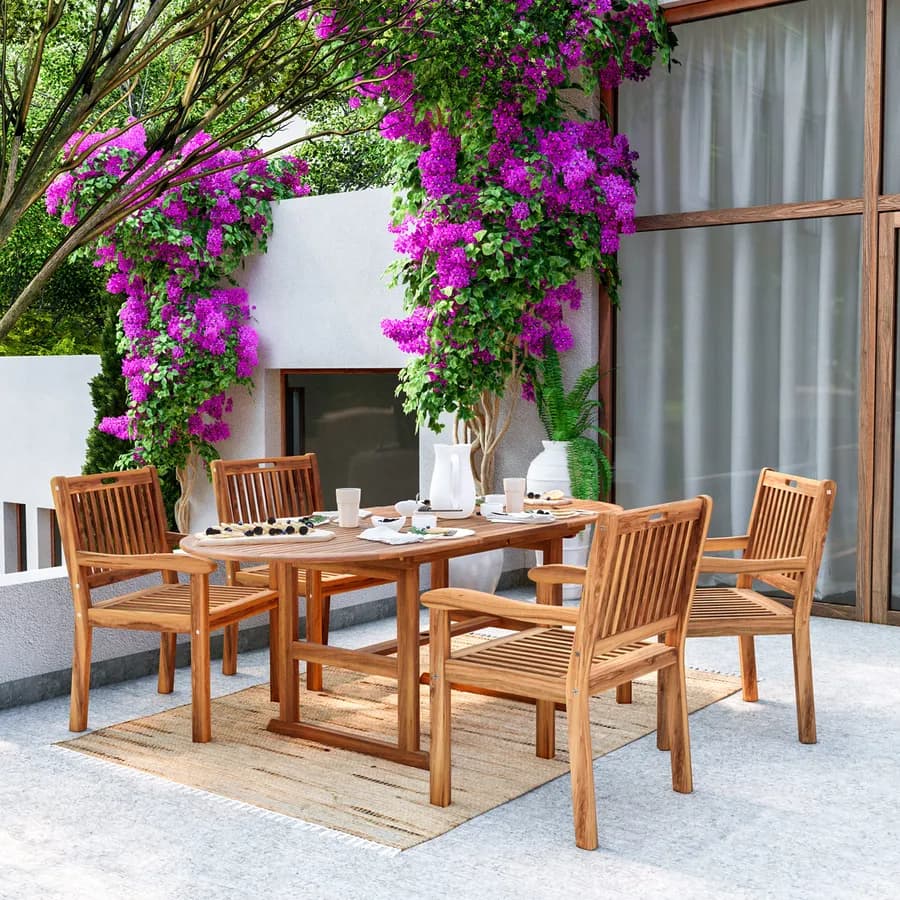 Set pranzo tavolo allungabile 150/200x100 cm e 4 sedie maxi con braccioli in legno di acacia - Paja