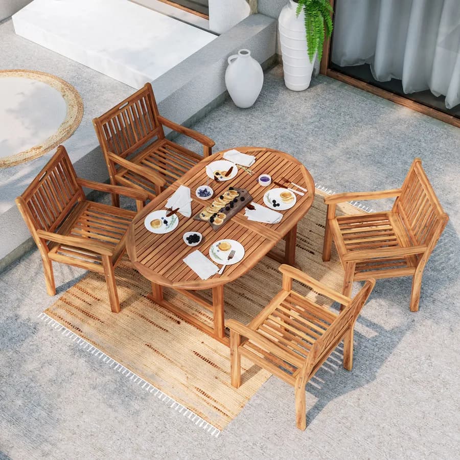 Set pranzo tavolo allungabile 150/200x100 cm e 4 sedie maxi con braccioli in legno di acacia - Paja