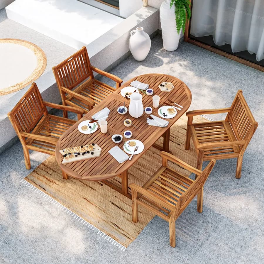 Set pranzo tavolo allungabile 150/200x100 cm e 4 sedie maxi con braccioli in legno di acacia - Paja