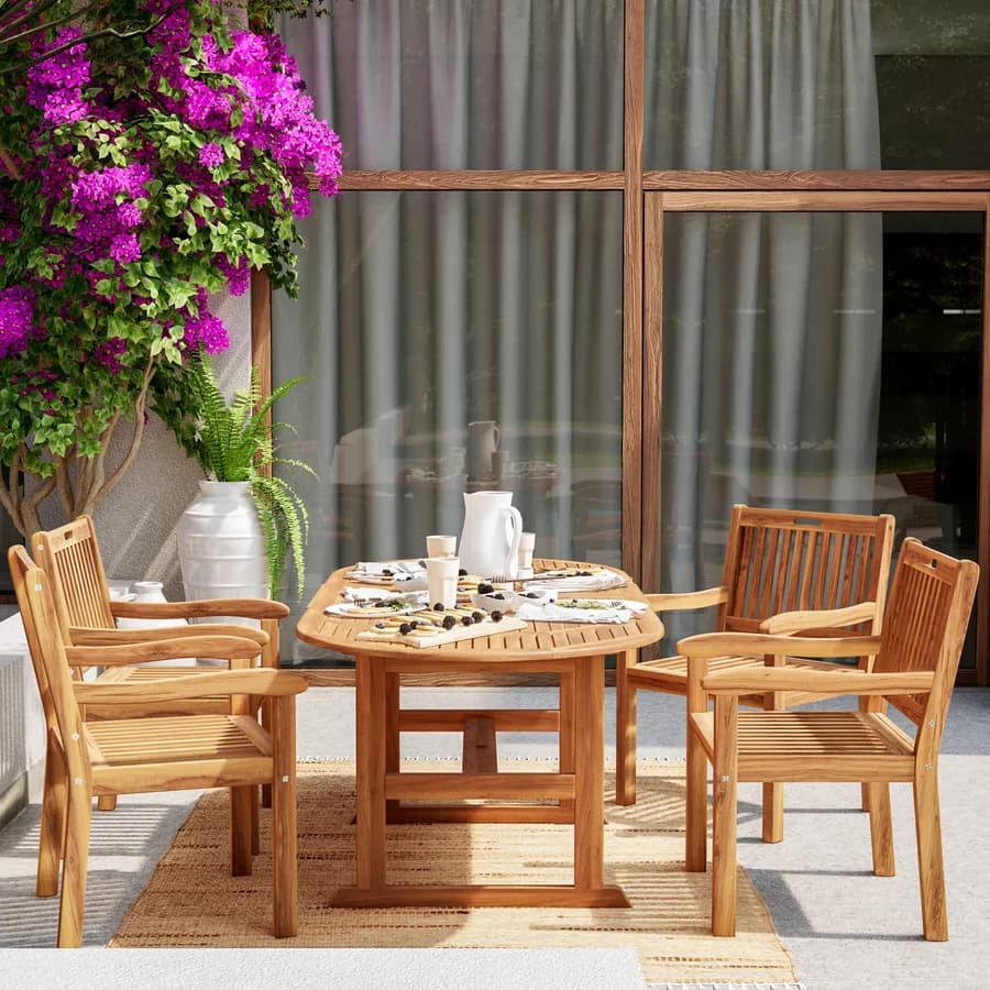 Set pranzo tavolo allungabile 150/200x100 cm e 4 sedie maxi con braccioli in legno di acacia - Paja
