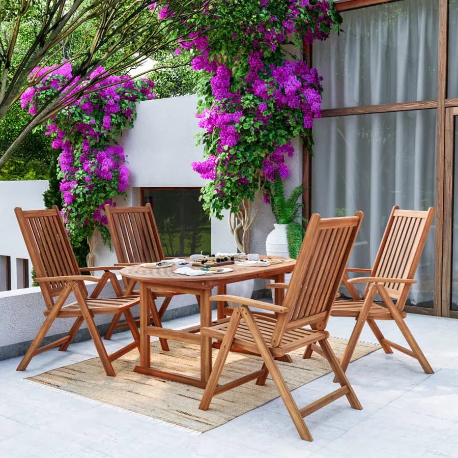 Set pranzo con tavolo allungabile 150/200x100 cm e 4 sedie con braccioli regolabili in legno di acacia - Paja