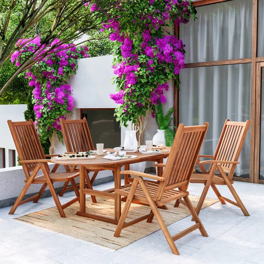 Set pranzo con tavolo allungabile 150/200x100 cm e 4 sedie con braccioli regolabili in legno di acacia - Paja