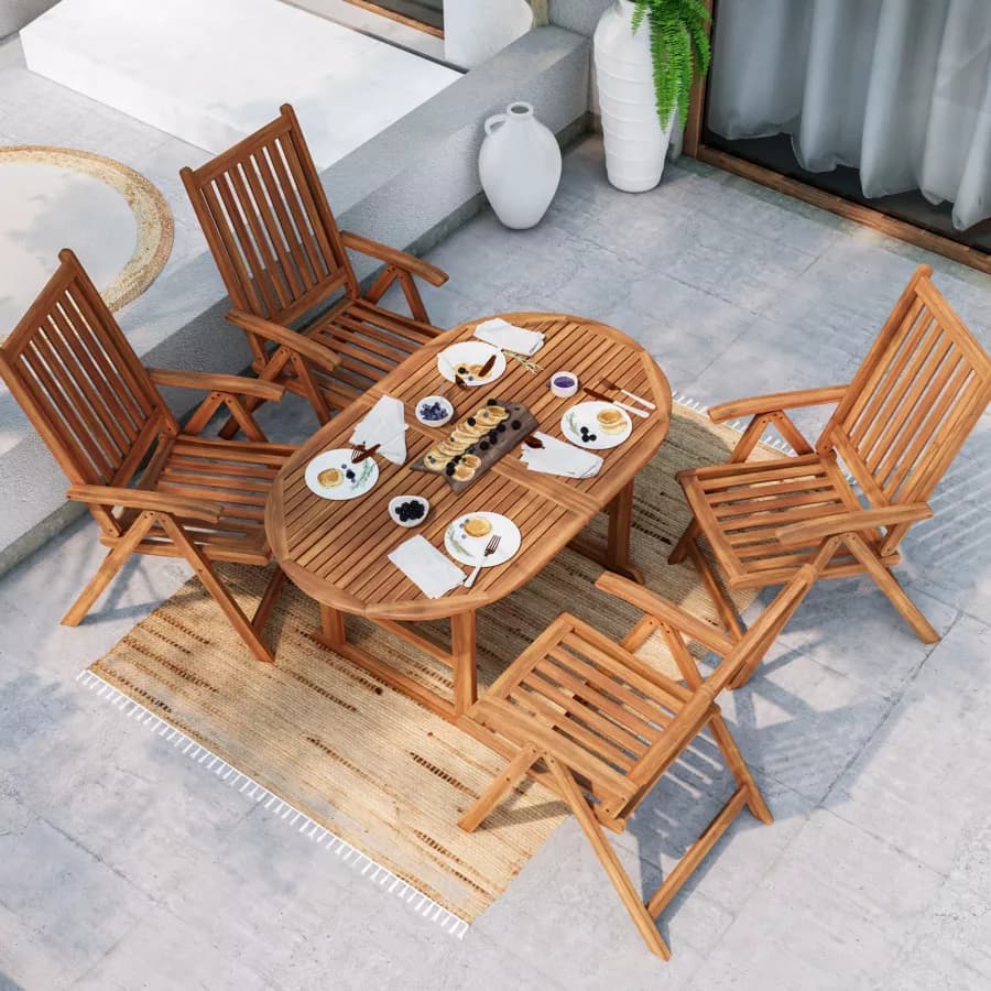 Set pranzo con tavolo allungabile 150/200x100 cm e 4 sedie con braccioli regolabili in legno di acacia - Paja
