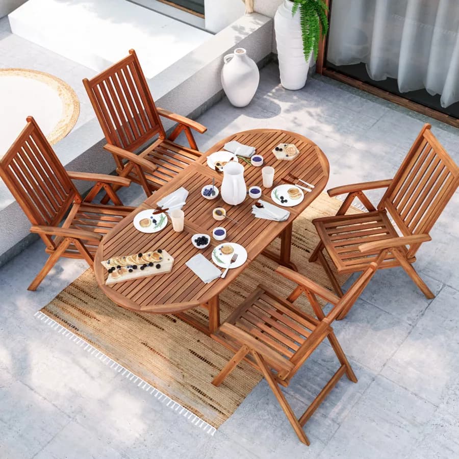 Set pranzo con tavolo allungabile 150/200x100 cm e 4 sedie con braccioli regolabili in legno di acacia - Paja