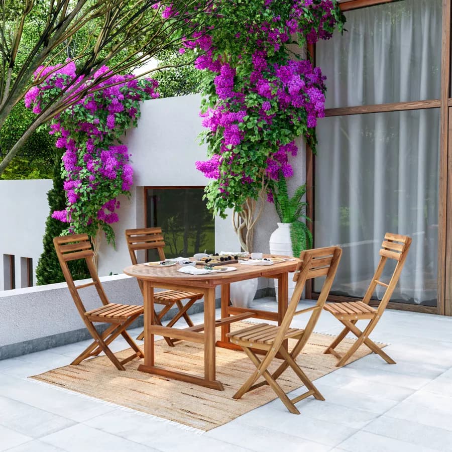 Set pranzo tavolo allungabile 150/200x100 cm con 4 sedie pieghevoli in legno di acacia - Paja