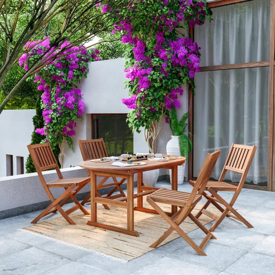 Set pranzo con tavolo allungabile 150/200x100 cm e4 sedie pieghevoli in legno di acacia - Paja