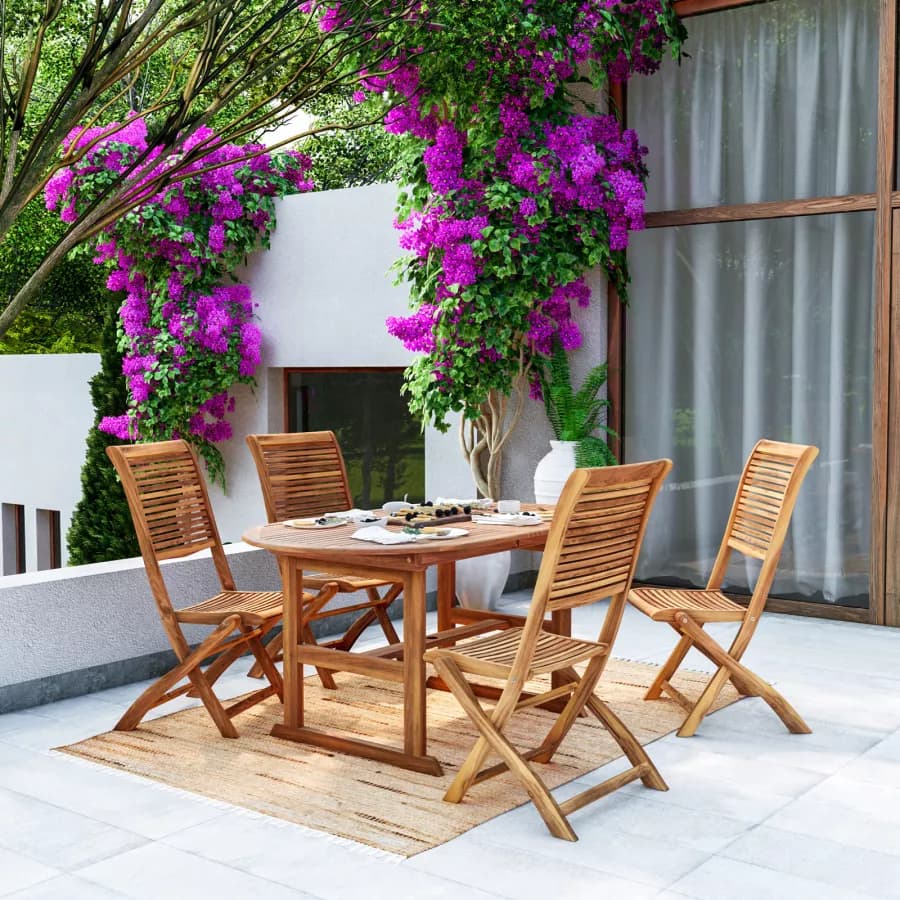 Set pranzo tavolo allungabile 150/200x100 cm e 4 sedie pieghevoli in legno d'acacia - Paja