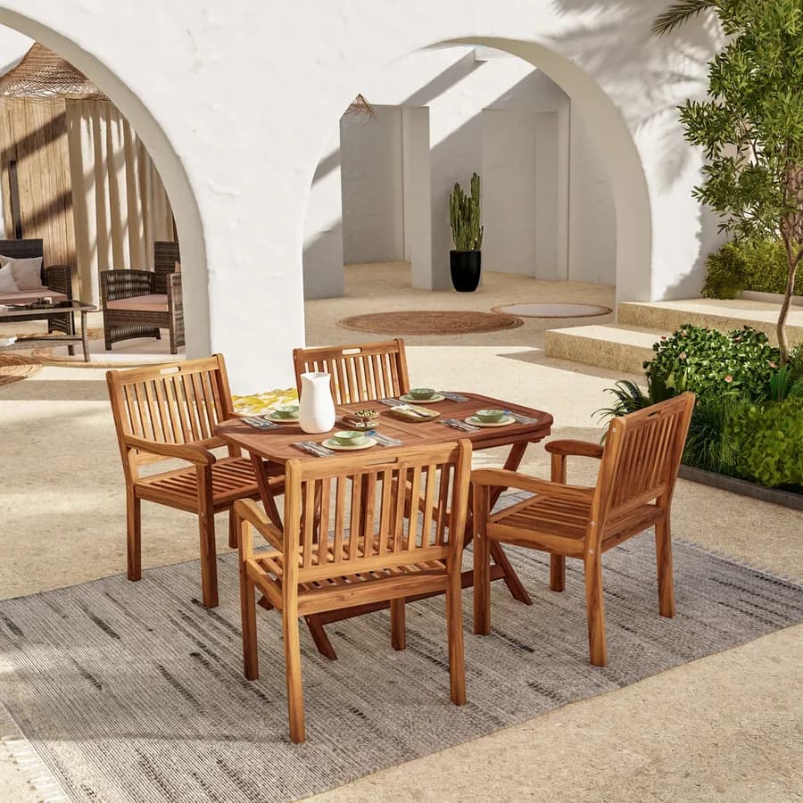 Set pranzo con tavolo allungabile pieghevole 120/160x80 cm e 4 sedie con braccioli in legno di acacia - Paja