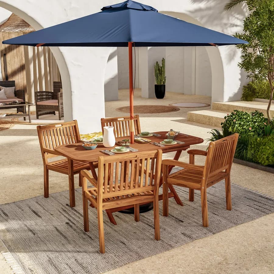 Set pranzo con tavolo allungabile pieghevole 120/160x80 cm e 4 sedie con braccioli in legno di acacia - Paja