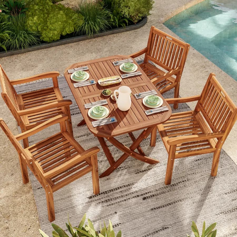 Set pranzo con tavolo allungabile pieghevole 120/160x80 cm e 4 sedie con braccioli in legno di acacia - Paja
