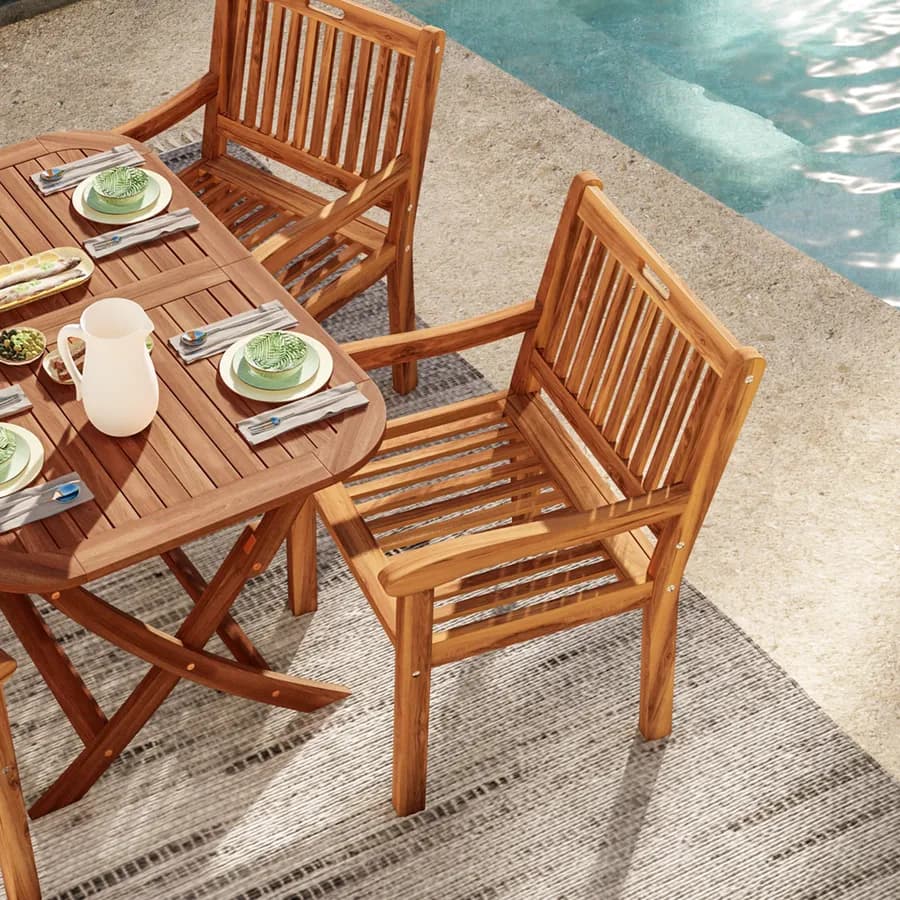 Set pranzo con tavolo allungabile pieghevole 120/160x80 cm e 4 sedie con braccioli in legno di acacia - Paja