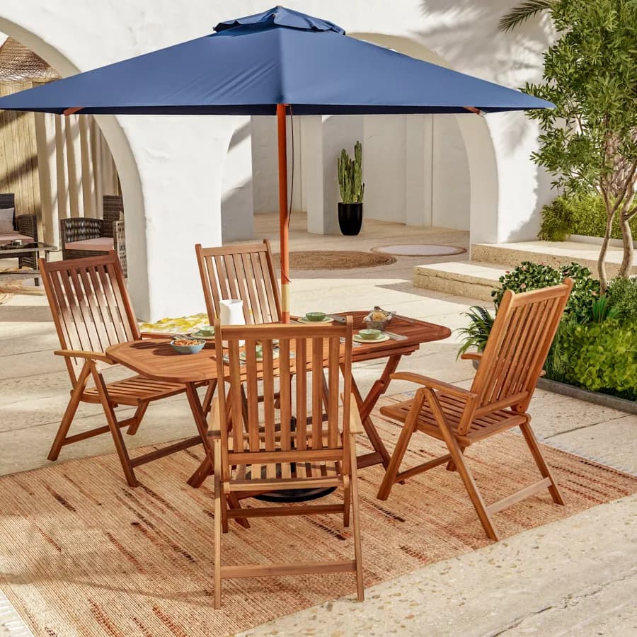 Set pranzo tavolo allungabile pieghevole 120/160x80 cm e 4 sedie con braccioli regolabili in legno di acacia - Paja