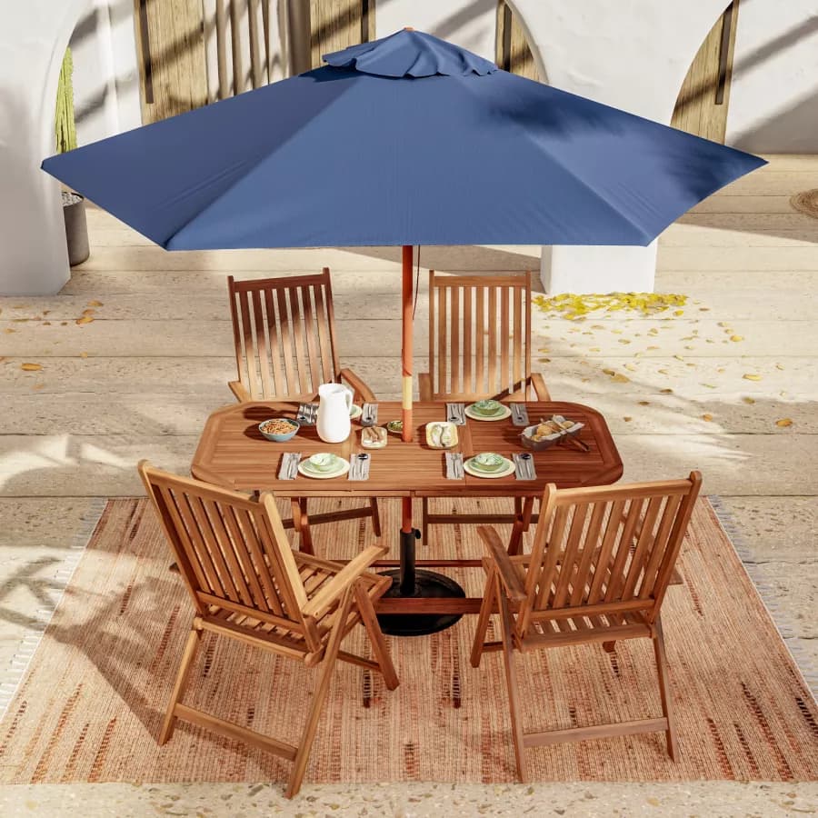 Set pranzo tavolo allungabile pieghevole 120/160x80 cm e 4 sedie con braccioli regolabili in legno di acacia - Paja