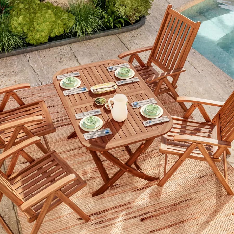 Set pranzo tavolo allungabile pieghevole 120/160x80 cm e 4 sedie con braccioli regolabili in legno di acacia - Paja