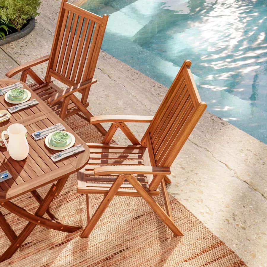 Set pranzo tavolo allungabile pieghevole 120/160x80 cm e 4 sedie con braccioli regolabili in legno di acacia - Paja