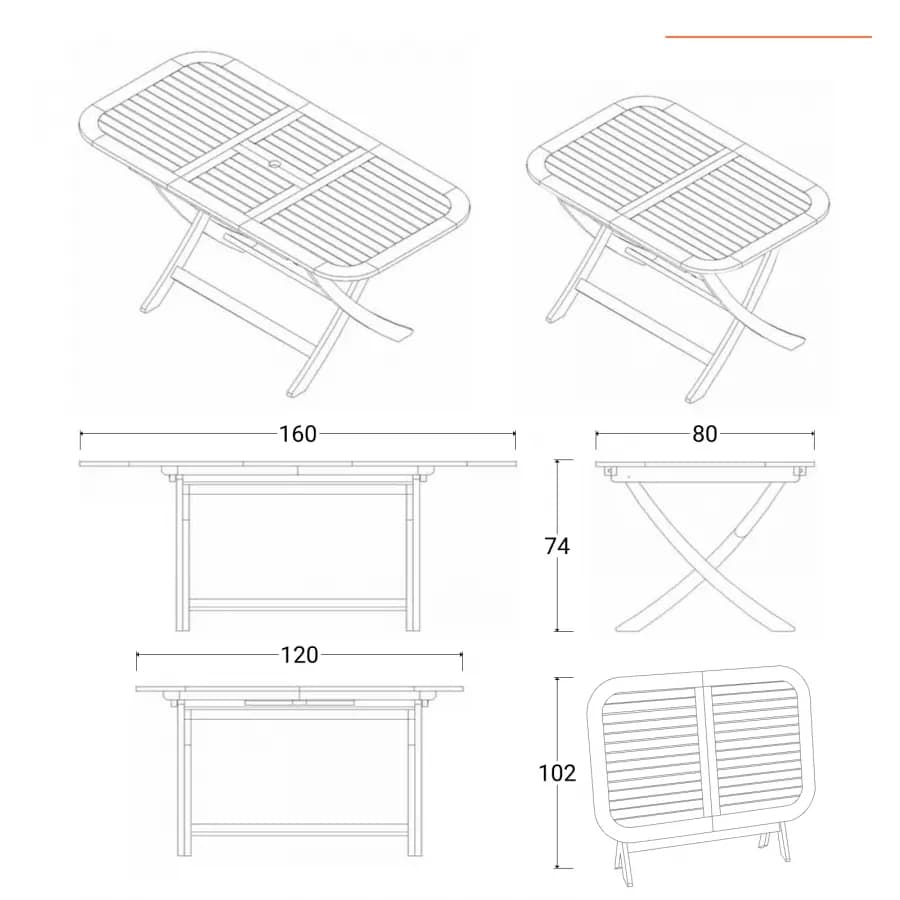 Set pranzo tavolo allungabile pieghevole 120/160x80 cm e 4 sedie in legno di acacia - Paja